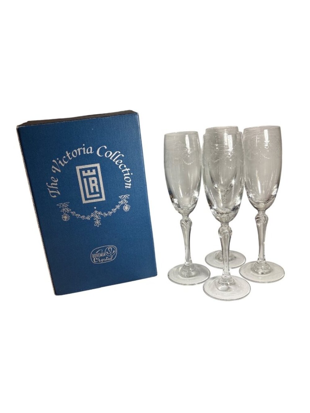 Belfor Bohemia Crystal Champaign Flutes Victoria Collection Etched Set Of 4 Box